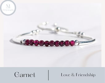 Garnet Gemstone Adjustable Sterling Silver Crystal Bracelet, Crystals for Love and Friendship, Moments Crystals