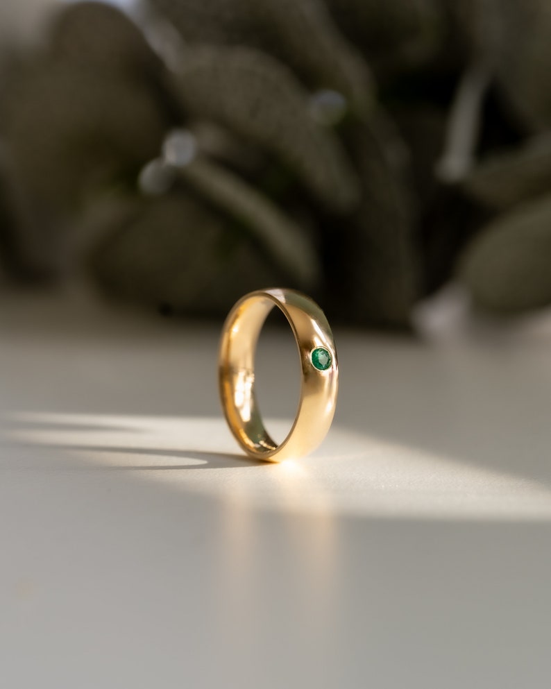 Flush Set Natural Emerald Solid 9ct, 18ct White or Yellow Gold Ring Band. Gemstone Wedding Rings, Unisex Rings Moments Jewellery. image 10