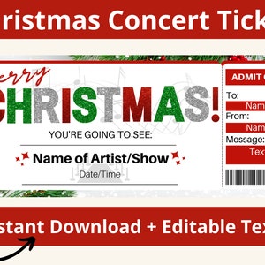 Weihnachts-Konzertkarte Vorlage. Konzertkarte Geschenk. Konzert Geschenk. Konzert Gutschein. Überraschungs-Konzertkarte. Konzert Reveal. Event-Eintrittskarte