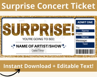 Concert Ticket template. Concert Gift template. Concert Ticket Gift. Printable Concert Ticket. Editable Concert Ticket. Surprise Ticket.