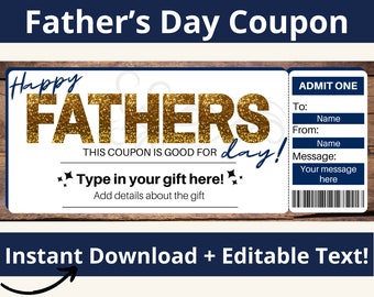 Fathers Day Coupon. Fathers Day Ticket. Coupons for Dad. Fathers Day Printable Gift. Custom Coupons. Coupons for him. Dads coupon. Editable