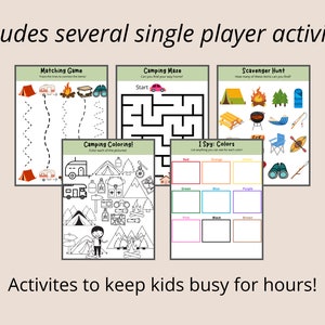 Peut inclure: Un ensemble d'activit&eacute;s imprimables sur le th&egrave;me du camping pour les enfants. Les activit&eacute;s comprennent un jeu de correspondance, un labyrinthe, une chasse au tr&eacute;sor, une page &agrave; colorier et un jeu de &laquo;&nbsp;J'espionne&nbsp;&raquo;. Les activit&eacute;s sont con&ccedil;ues pour occuper les enfants pendant des heures.