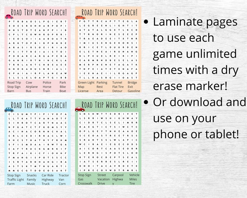 Pu&ograve; includere: Quattro puzzle di ricerca di parole sul tema del viaggio in auto, con sfondo rosa, verde, blu e arancione. I puzzle presentano parole relative ai viaggi in auto, come auto, benzina, autostrada e viaggio. Il testo sulla pagina dice "Lamina le pagine per usare ogni gioco illimitatamente con un pennarello cancellabile a secco!" e "O scarica e usa sul tuo telefono o tablet!"