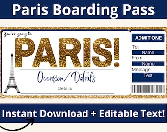 Paris Boarding Pass Template, Surprise Trip to Paris Ticket, Paris Vacation Reveal Gift Certificate, Editable Printable