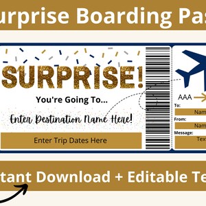 Carte d'embarquement. Modèle de carte d'embarquement. Billet d'avion surprise. Cadeau de vacances surprise. Voyage surprise. Billet d'avion. Billet d'embarquement. Imprimer