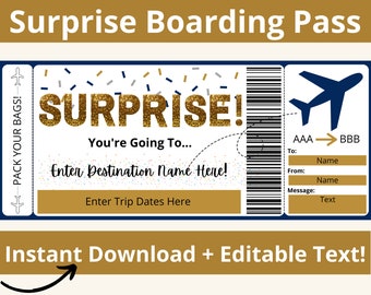 Boarding Pass. Boarding Pass Template. Surprise Flight Ticket. Surprise Vacation Gift. Surprise Trip. Plane Ticket. Boarding Ticket. Print