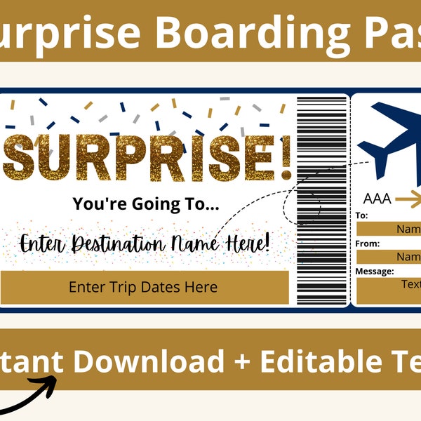 Boarding Pass. Boarding Pass Template. Surprise Flight Ticket. Surprise Vacation Gift. Surprise Trip. Plane Ticket. Boarding Ticket. Print