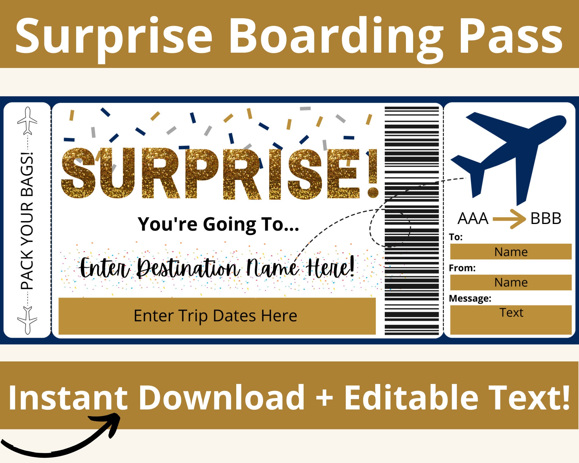 Boarding Pass. Boarding Pass Template. Surprise Flight Ticket. Surprise  Vacation Gift. Surprise Trip. Plane Ticket. Boarding Ticket. Print 