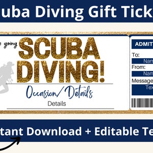 Scuba Diving Gift Certificate. Scuba Diver Gift. Scuba Dive Gift. Scuba Gifts. Scuba Diving Ticket Template. Printable Ticket. Editable.