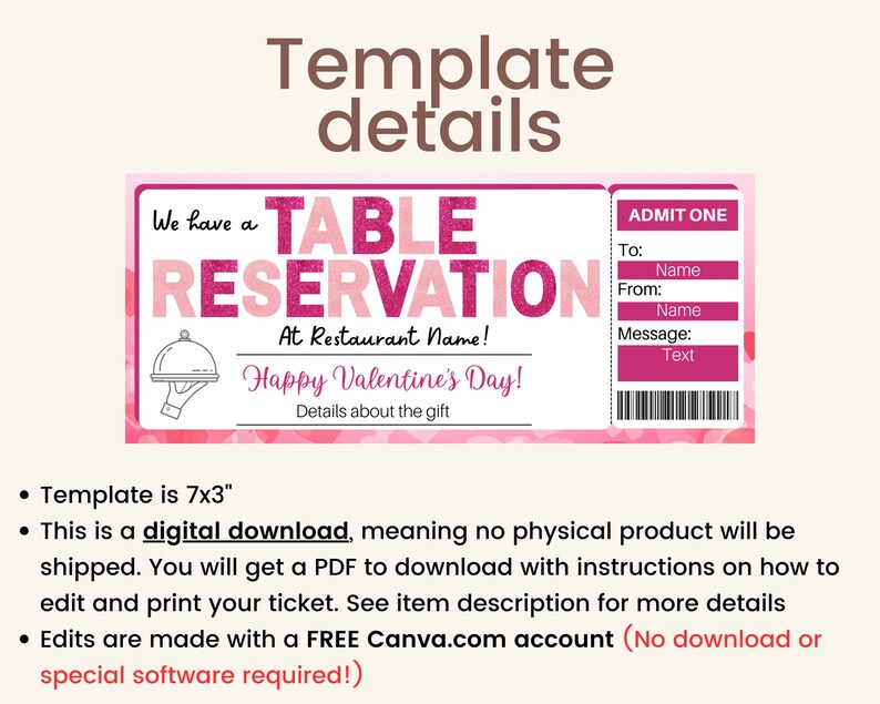 Table One Ticket Table Reservation Gift. Reserved Table Ticket. Restaurant Reservation ...