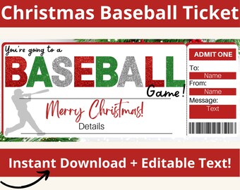 Biglietto di Natale per il baseball. Regalo di biglietto per partita di baseball. Regali di Natale per il baseball. Modello di biglietto per il baseball. Regali per il baseball. Biglietto sportivo.