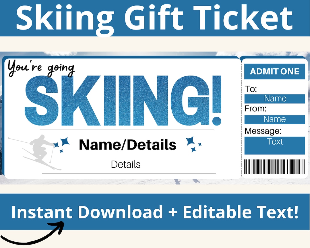 Ski Trip Gift Ticket. Ski Trip Gifts. Skiing Gifts. Ski Gifts. Surprise Ski Ticket. Printable