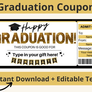 Ausdruckbare Schulabschluß-Coupon. Abschlussgeschenke. Bearbeitbare Gutscheine. College-Abschluss-Geschenk. Abitur Geschenk. Bearbeitbares Ticket. Grad
