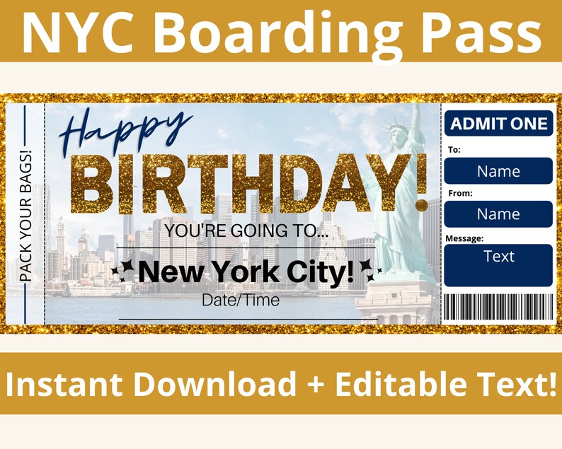 New York City Boarding Pass. NYC Ticket. Birthday Boarding Etsy UK