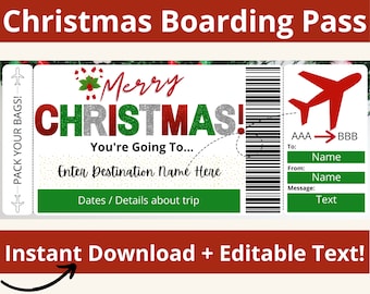 Christmas Boarding Pass. Boarding Pass Template. Surprise Trip. Surprise Vacation Printable. Christmas Vacation. Christmas Card Template.