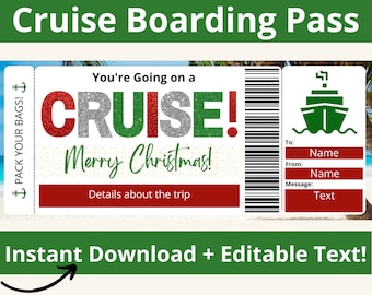 Christmas Cruise Boarding Pass Printable, Surprise Cruise Ticket Voucher, Editable Gift Certificate, Vacation Reveal Gift