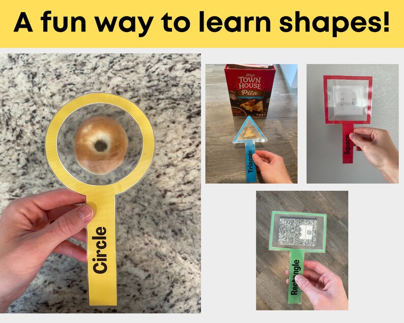 May include: A fun way to learn shapes! Four yellow, red, green, and blue handheld magnifying glasses with clear plastic windows. Each magnifying glass has a different shape inside the window and a label with the name of the shape: Circle, Triangle, Square, and Rectangle.