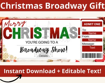Christmas Broadway Show Gift. Broadway Ticket Template. Musical Ticket. Wicked Ticket. Hamilton Ticket. Musical Gift. Show gift. Printable