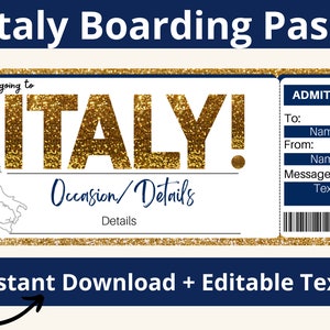 Überraschungsreise nach Italien. Italien Bordkarte. Italien-Fahrkarte. Italien Urlaub. Italien Reise. Italien Geschenke. Italien Reisepass. Italien Karte. Druckbar