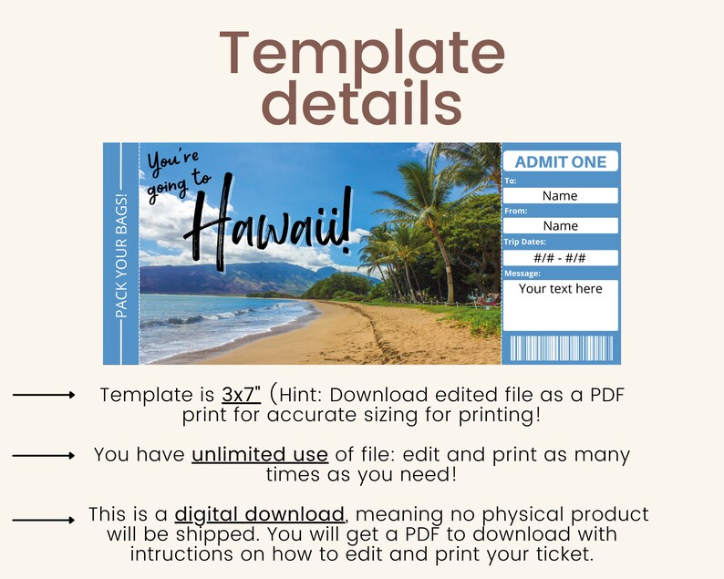 Hawaii Ticket. Hawaii Boarding Pass. Hawaii Trip Ticket. Etsy