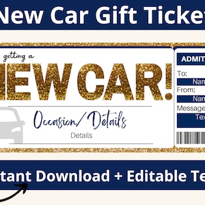 Certificado de regalo para coche nuevo. Titular de la tarjeta de regalo para el coche. Tarjeta de coche nueva. Etiqueta de regalo de coche. Sorpresa de coche nuevo. Billete de coche nuevo. Vale imprimible. Editable