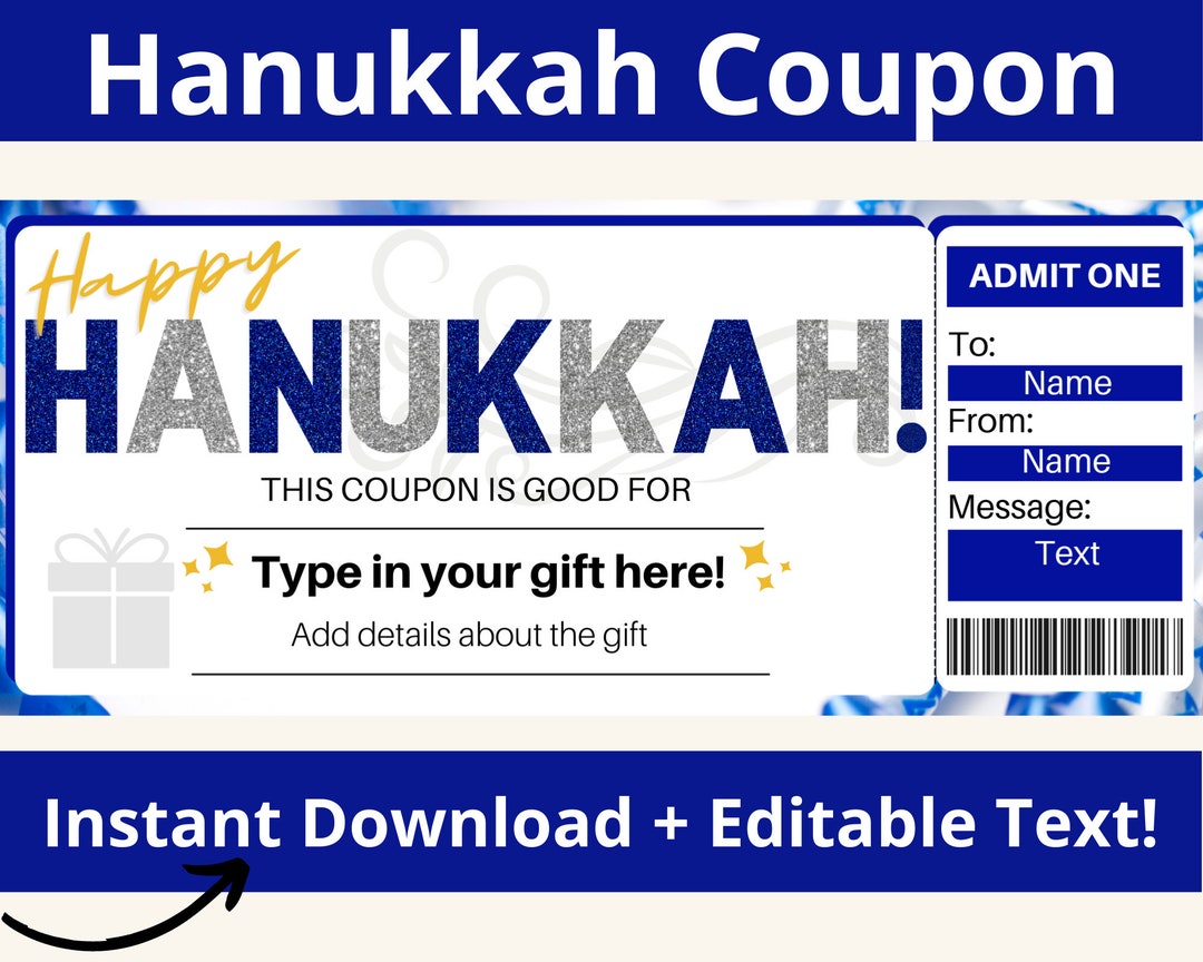 Hanukkah Printable Coupon. Hanukkah Ticket. Editable Coupons. Coupon ...