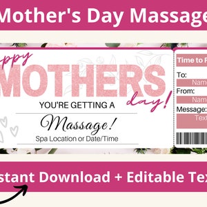 Coupon massage fête des mères. Coupon pour massage. Certificat-cadeau de massages. Carte cadeau massages. Bon pour une journée au spa. Coupon Spa. Imprimable. Modifier