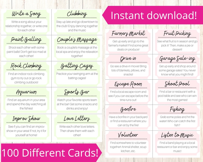 May include: A set of 100 pink and green cards with different date ideas for couples. The cards are arranged in a grid with each card having a different activity suggestion. The text on the cards includes activities such as "Write a Song", "Paint Balling", "Rock Climbing", "Aquarium", "Improv Show", "Clubbing", "Couple's Massage", "Batting Cages", "Sports Bar", "Love Letters", "Farmers Market", "Drive in", "Escape Room", "Bonfire", "Volunteer", "Fruit Picking", "Garage Sale-ing", "Shoot Pool", "Fishing", and "Listen to Music".