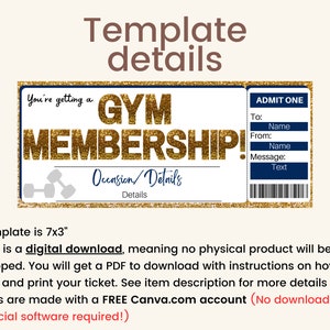 Puede incluir: Una plantilla de descarga digital imprimible de 7x3 pulgadas para un boleto de membres&iacute;a de gimnasio. La plantilla presenta un dise&ntilde;o de brillo dorado con el texto "You're getting a GYM MEMBERSHIP!" y una secci&oacute;n para detalles de la ocasi&oacute;n. El lado derecho de la plantilla tiene una secci&oacute;n "ADMIT ONE" con campos para "To", "From" y "Message".