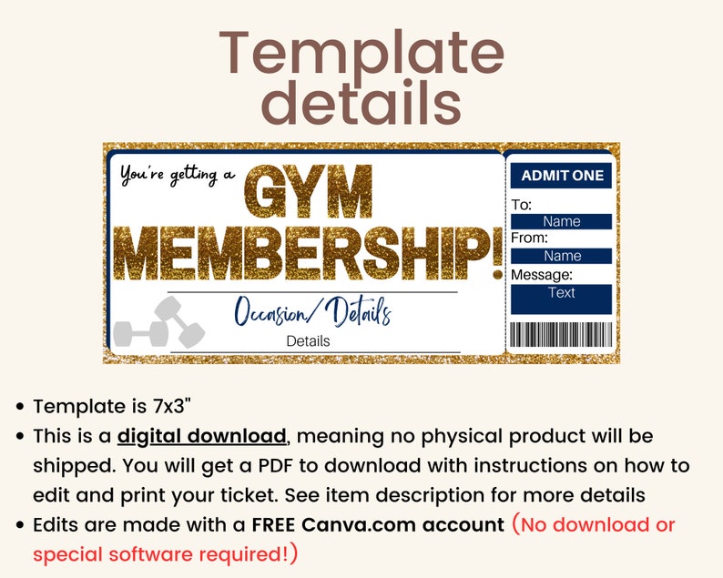 Puede incluir: Una plantilla de descarga digital imprimible de 7x3 pulgadas para un boleto de membres&iacute;a de gimnasio. La plantilla presenta un dise&ntilde;o de brillo dorado con el texto "You're getting a GYM MEMBERSHIP!" y una secci&oacute;n para detalles de la ocasi&oacute;n. El lado derecho de la plantilla tiene una secci&oacute;n "ADMIT ONE" con campos para "To", "From" y "Message".