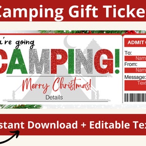 Bilhete de presente para acampamento de Natal. Presentes de acampamento. Campista de Natal. Cartão de acampamento para imprimir. Você vai acampar! Viagem de acampamento surpresa. Presentes para barracas