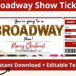 Kerstcadeau voor Broadwayshow. Verrassing voor Broadway-tickets. Cadeau voor Broadway-ticket. Muzikaal kaartje. Muzikaal cadeau. Cadeau laten zien. Afdrukbaar