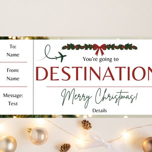 Kerst-instapkaart. Instapkaartsjabloon. Verrassingsreis. Afdrukbare verrassingsvakantie. Kerstreizen. Bewerkbaar vliegticket