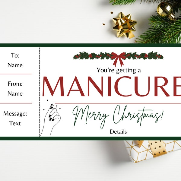 Christmas Manicure Gift Certificate. Manicure gift card. Printable Manicure Gift. Nail Certificate. Spa Ticket. Spa Voucher. Nail Gift