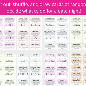 May include: A set of 40 pink, green, and blue cards with white text. Each card has a different activity suggestion for a date night. The cards are titled "Cut out, shuffle, and draw cards at random to decide what to do for a date night!"