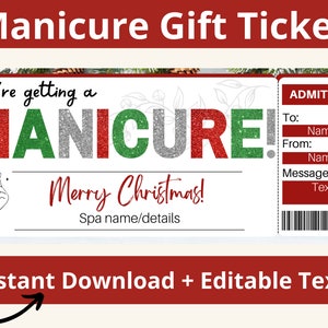 Chèque cadeau manucure de Noël. Carte cadeau manucure. Cadeau de manucure imprimable. Certificat d'ongle. Billet pour le spa. Bon pour un spa. Cadeau pour les ongles