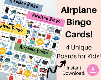 Attività a tema aereo per bambini da stampare, cartelle del bingo da viaggio, giochi di volo per bambini, kit di attività a tema aereo, bingo da viaggio