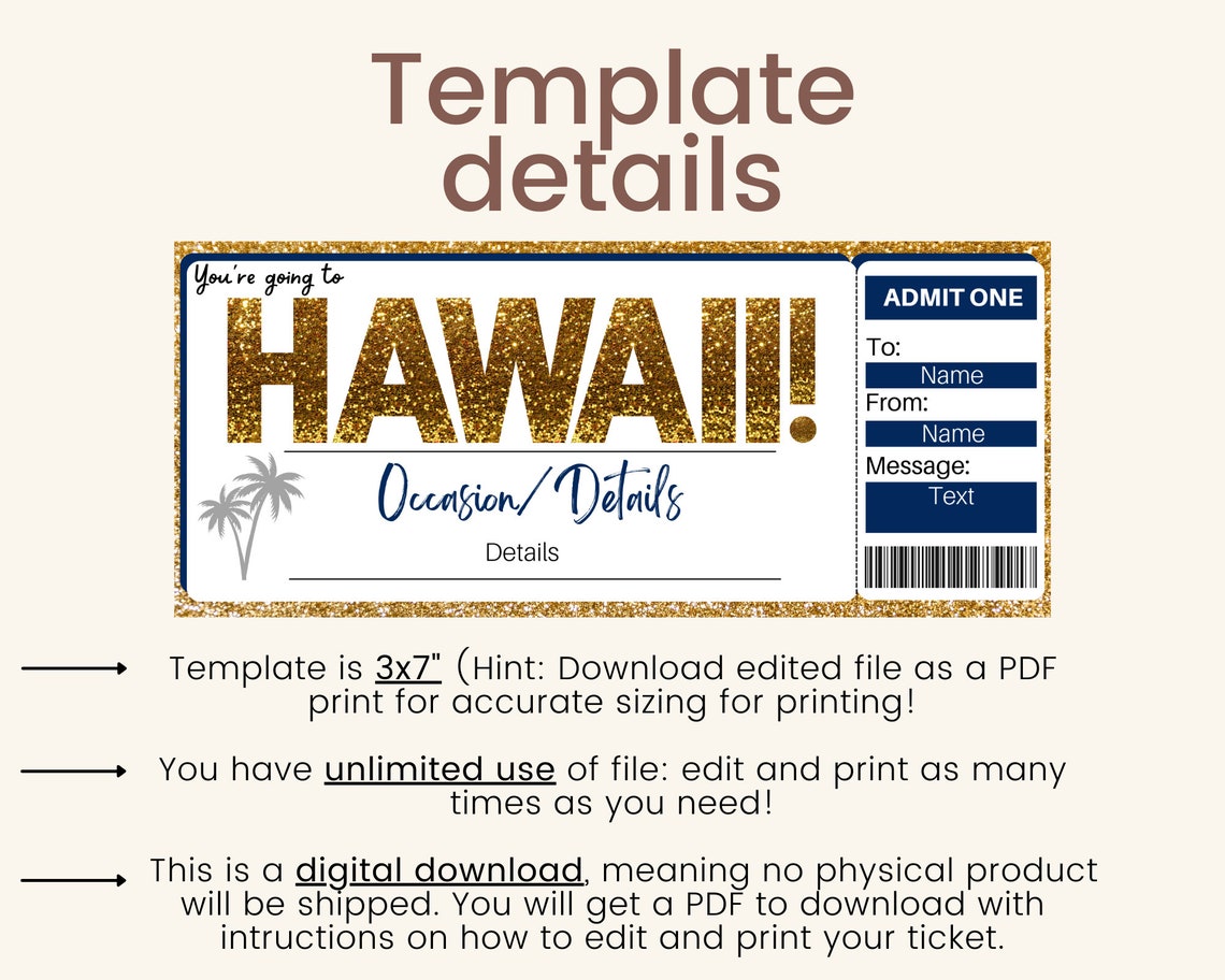 Hawaii Ticket. Hawaii Boarding Pass. Hawaii Trip Ticket. Etsy