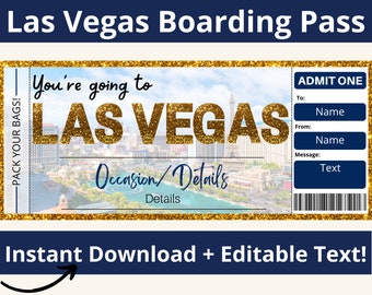 Cartão de embarque em Las Vegas. Bilhete Las Vegas. Viagem a Las Vegas. Cartão de embarque para impressão. Férias em Las Vegas. Bilhete de embarque editável. Viagem surpresa