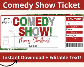 Comedy Show Ticket Vorlage, Überraschungskomödie Geschenkgutschein, Comedy Gutschein Coupon, Weihnachtskomödie Show Geschenk, bearbeitbar druckbar