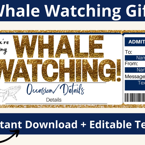 Whale Watching Gift. Whale Watching Gift Certificate. Whale Watching Ticket. Whale Watching Coupon. Whale Watching Voucher. Printable