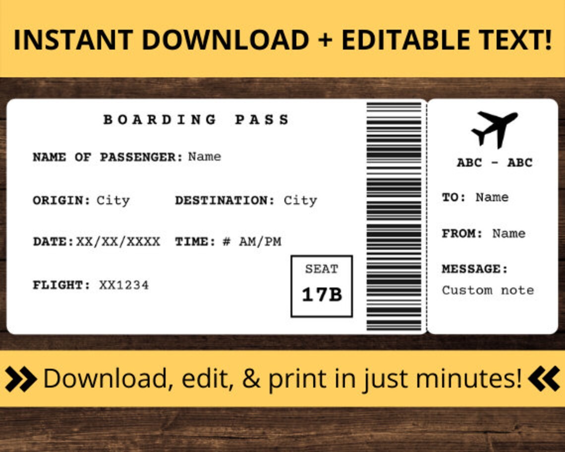 Boarding Pass Template. Boarding Ticket Airline Gift. Flight Etsy India