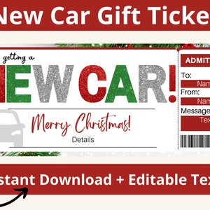 Certificado de regalo para coche nuevo. Titular de la tarjeta de regalo para el coche. Tarjeta de coche nueva. Etiqueta de regalo de coche. Sorpresa de coche nuevo. Billete de coche nuevo. Vale imprimible. Editable