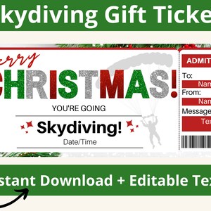 Christmas Skydiving Ticket. Skydiving Gifts. Printable Coupon. Surprise Gift. Voucher Template. You&#39;re going Skydiving. Voucher Gift