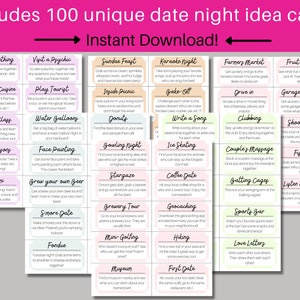 May include: A set of 100 pink and green cards with date night ideas. The cards are arranged in a grid pattern and feature a variety of activities, such as cooking class, karaoke night, and stargazing.
