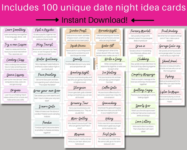 May include: A set of 100 pink and green cards with date night ideas. The cards are arranged in a grid pattern and feature a variety of activities, such as cooking class, karaoke night, and stargazing.