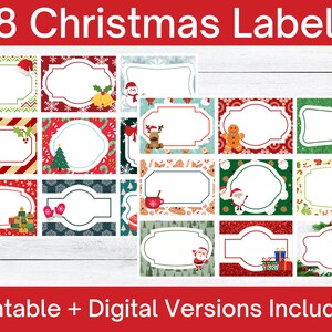 May include: 18 printable Christmas gift tags with various festive designs. Each tag features a white border and a blank space for writing. Designs include a snowman, gingerbread man, Santa Claus, and a Christmas tree.