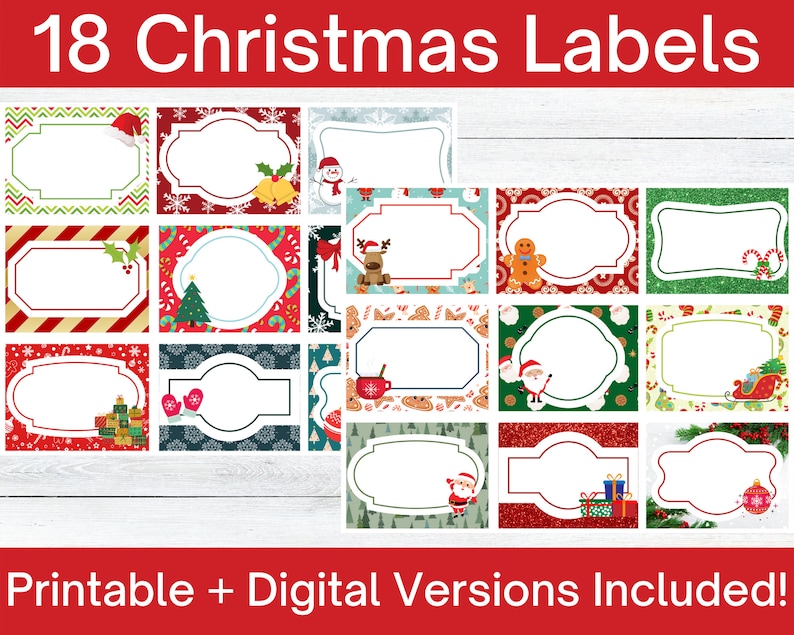 May include: 18 printable Christmas gift tags with various festive designs. Each tag features a white border and a blank space for writing. Designs include a snowman, gingerbread man, Santa Claus, and a Christmas tree.