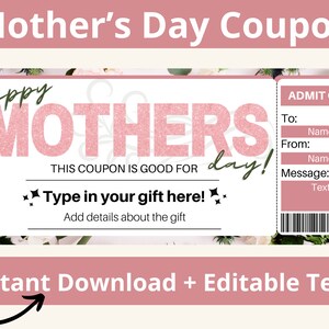 Mothers Day Coupon Printable. Mothers Day Ticket. Mothers Day Voucher. Mom Coupons. Coupon for Her. Coupon book for Mom. Mom gift card image 1