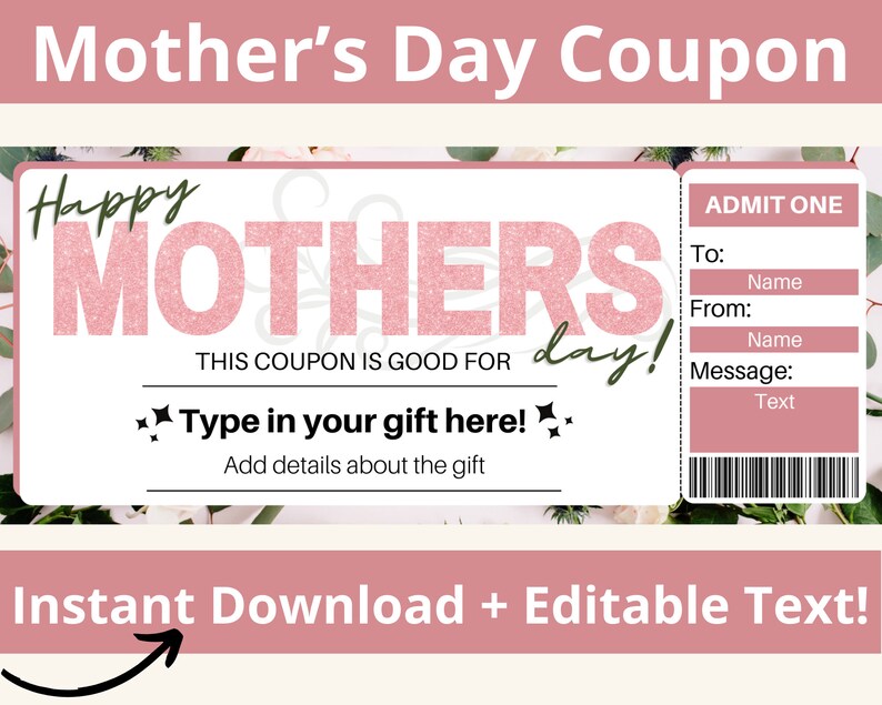 Mothers Day Coupon Printable. Mothers Day Ticket. Mothers Day Voucher. Mom Coupons. Coupon for Her. Coupon book for Mom. Mom gift card image 1